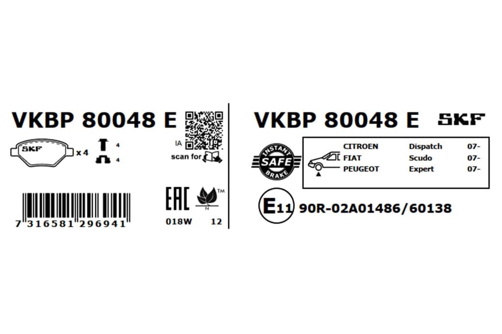 Jeu de 4 plaquettes de frein SKF ref. VKBP 80048 E